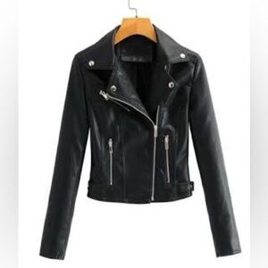 SHEIN Black Leather Motorcycle Jacket with Asymmetrical Zipper and Wide Lapel